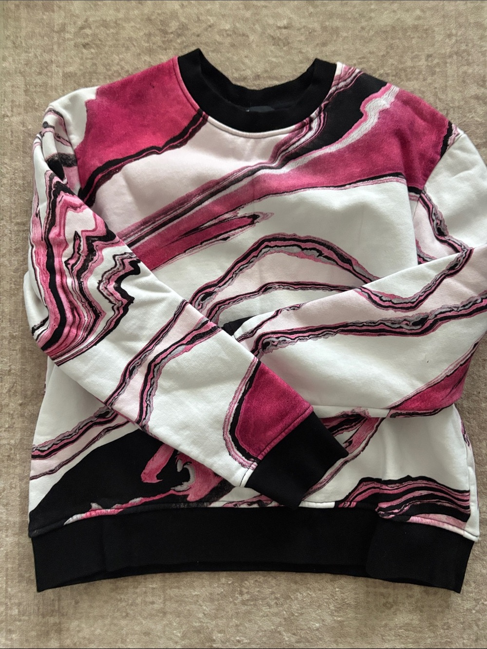 The Kooples Pink Marble Print Sweatshirt with Black Ribbing